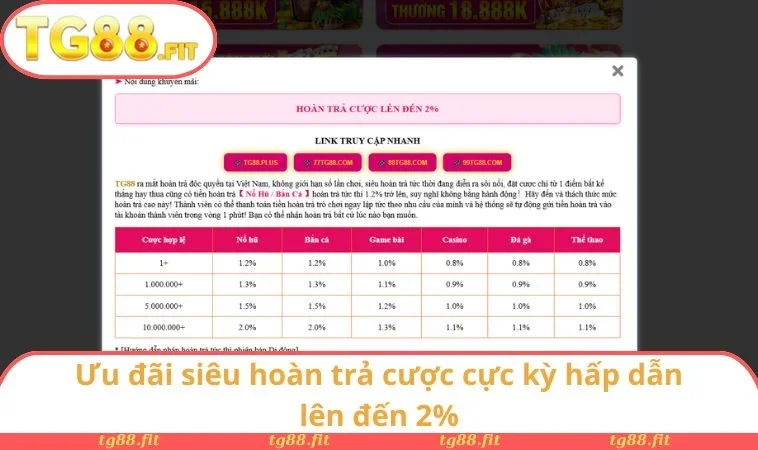 Khuyến Mãi TG88 2 Ưu đãi siêu hoàn trả cược cực kỳ hấp dẫn lên đến 2%